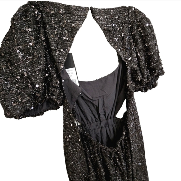 Elliatt Aubree Black Sequined Square Neck Knit Puffed Sleeve Cut Out Midi Dress - Picture 8 of 17